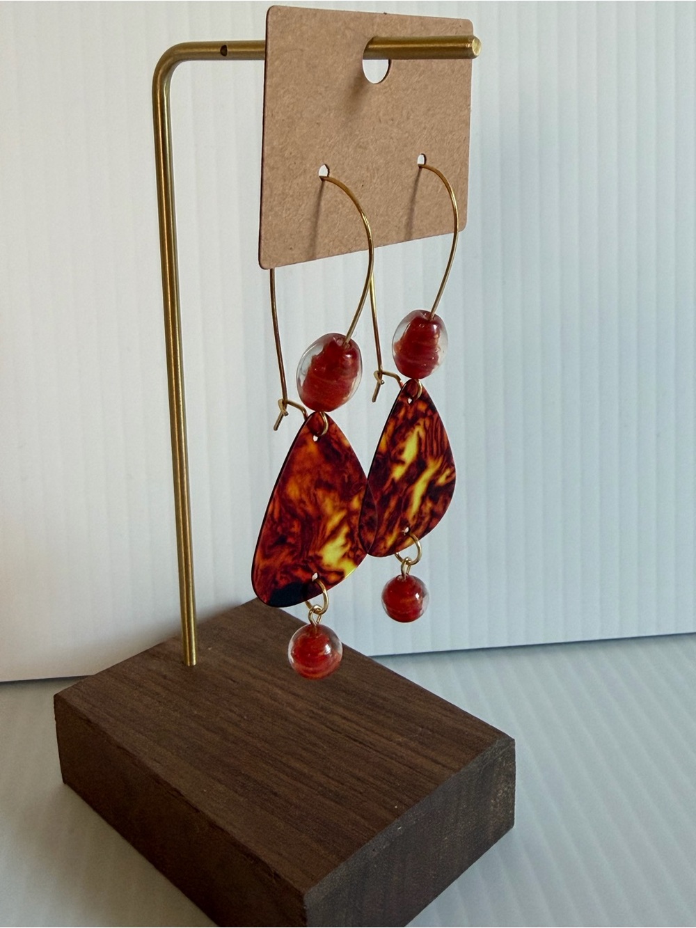 Handmade Tortoiseshell Guitar Pick Beaded Drop Earrings - Picture 2 of 2